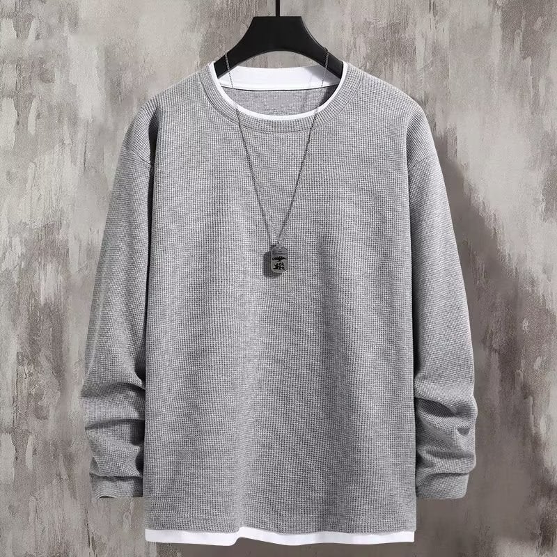 Waffle Fake Two-Piece Long-Sleeved Sweater Men'S Loose Top Outer Wear Base Shirt Inner Wear New Casual T-Shirt - Image 2