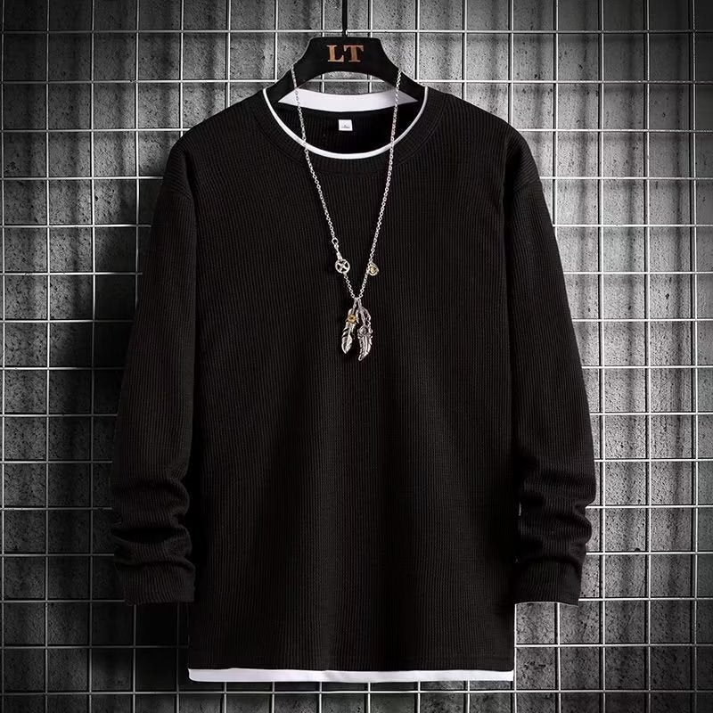 Waffle Fake Two-Piece Long-Sleeved Sweater Men'S Loose Top Outer Wear Base Shirt Inner Wear New Casual T-Shirt - Image 5