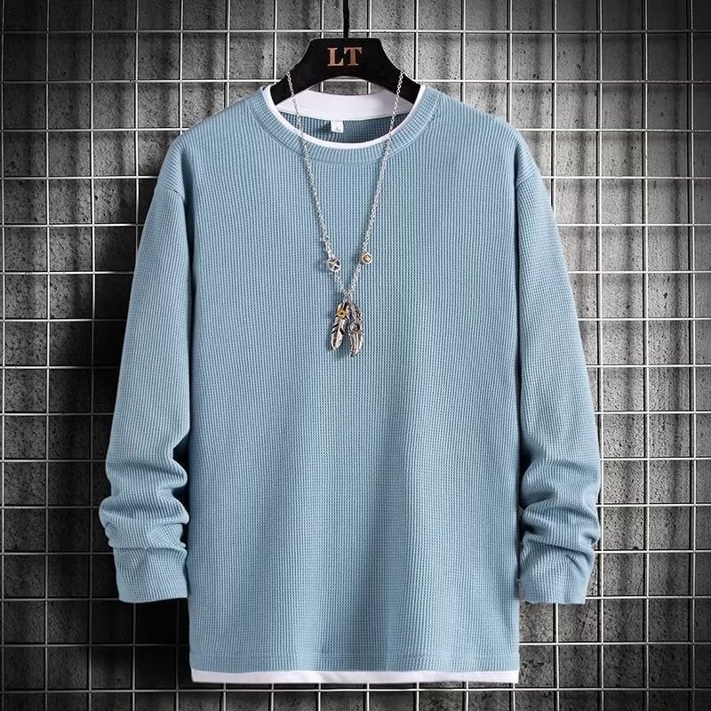 Waffle Fake Two-Piece Long-Sleeved Sweater Men'S Loose Top Outer Wear Base Shirt Inner Wear New Casual T-Shirt - Image 4