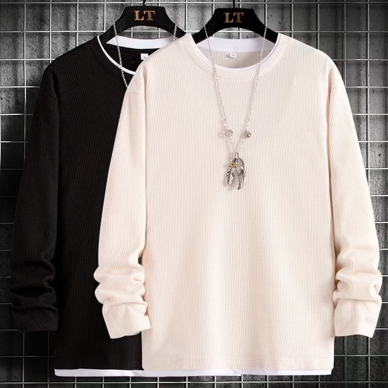 Waffle Fake Two-Piece Long-Sleeved Sweater Men'S Loose Top Outer Wear Base Shirt Inner Wear New Casual T-Shirt - Image 3