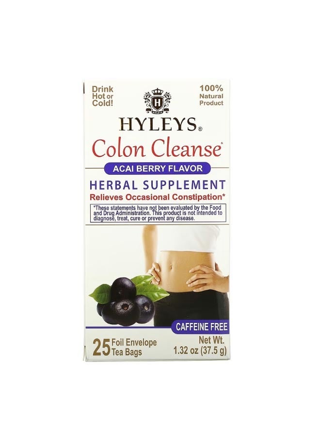 HYLEYS Tea Colon Cleanse Acai Berry Caffeine Free 25 Foil Envelop Tea Bags 0.05 oz 1.5 g Each - Image 1