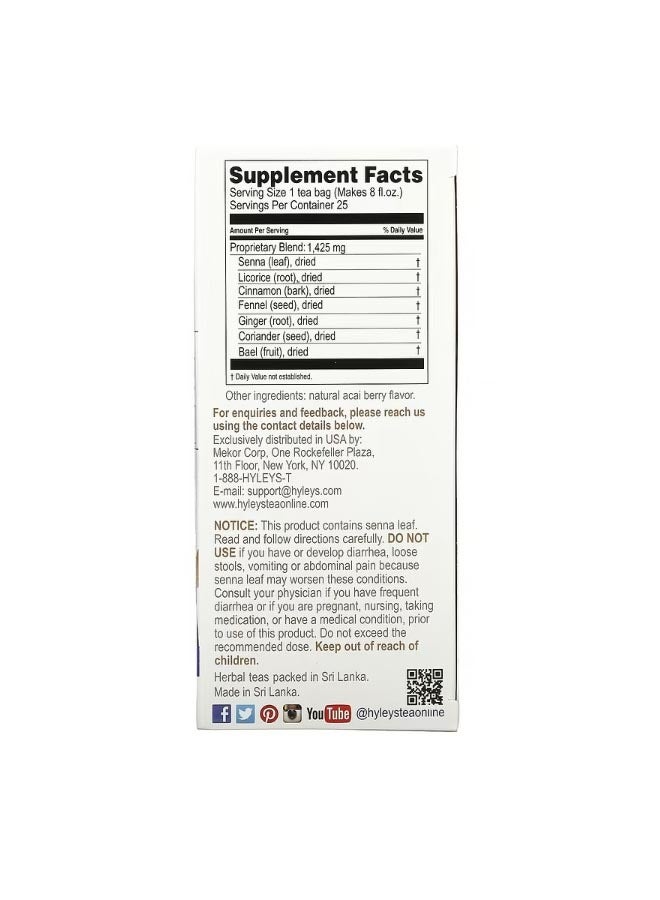 HYLEYS Tea Colon Cleanse Acai Berry Caffeine Free 25 Foil Envelop Tea Bags 0.05 oz 1.5 g Each - Image 2