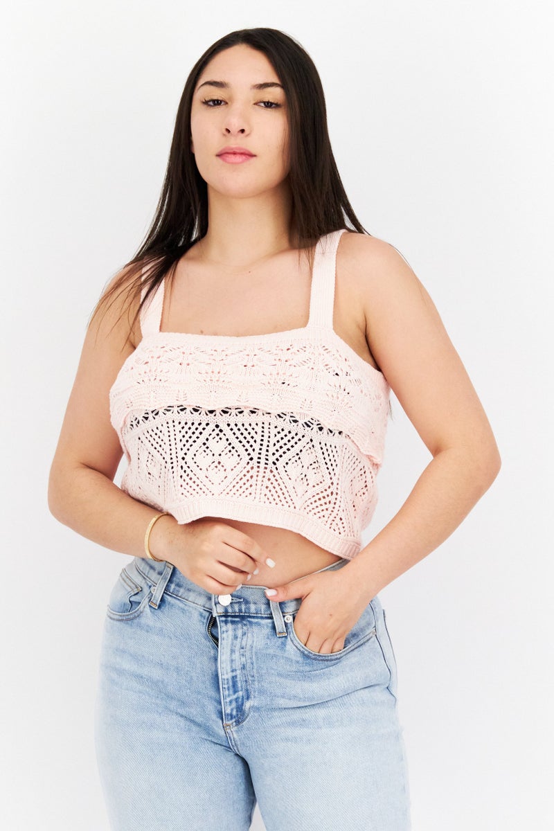 Lucy Paris Women Square Neck Sleeveless Crochet Crop Top, Pink - Image 1