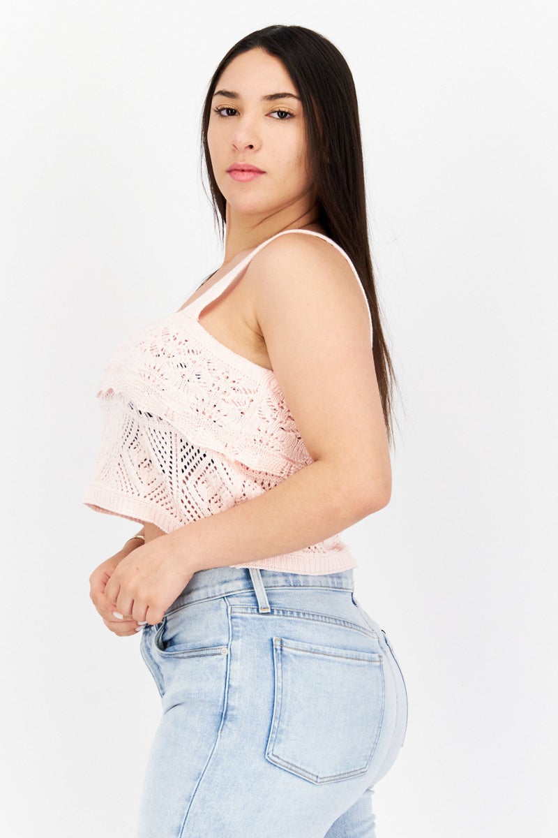Lucy Paris Women Square Neck Sleeveless Crochet Crop Top, Pink - Image 4