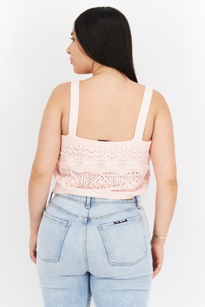 Lucy Paris Women Square Neck Sleeveless Crochet Crop Top, Pink - Image 2