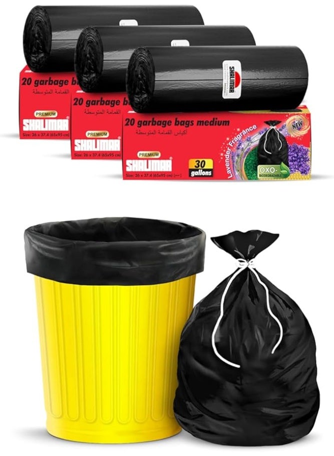 SHALIMAR 30-Gallon (65×95cm), 60 Pcs (20x3 Rolls), OXO-Biodegradable Heavy-Duty Black Premium Garbage Bags with Fragrance & Perforation - Image 1