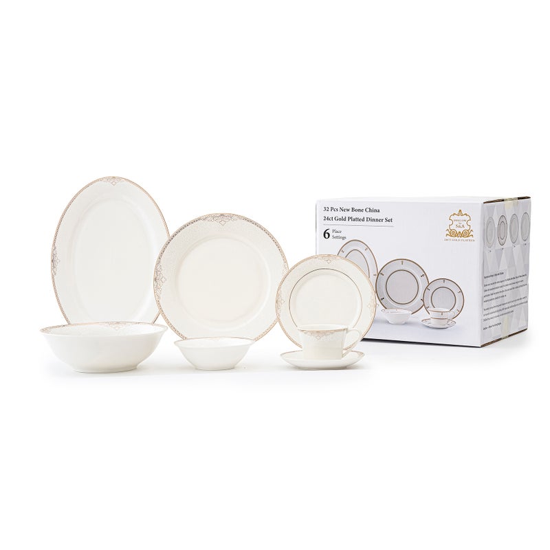 Shallow By Cuisine Art ASMA 32 Pc New Bone China Dinner Set for 6 persons – White with Elegant Gold Rim, Premium Tableware for Daily Use, Brunch, Coffee Station, Ramadan, Eid & Gifting - Image 5