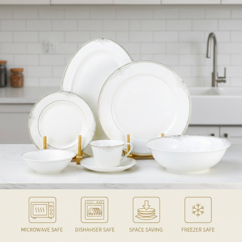 Shallow By Cuisine Art ASMA 32 Pc New Bone China Dinner Set for 6 persons – White with Elegant Gold Rim, Premium Tableware for Daily Use, Brunch, Coffee Station, Ramadan, Eid & Gifting - Image 4