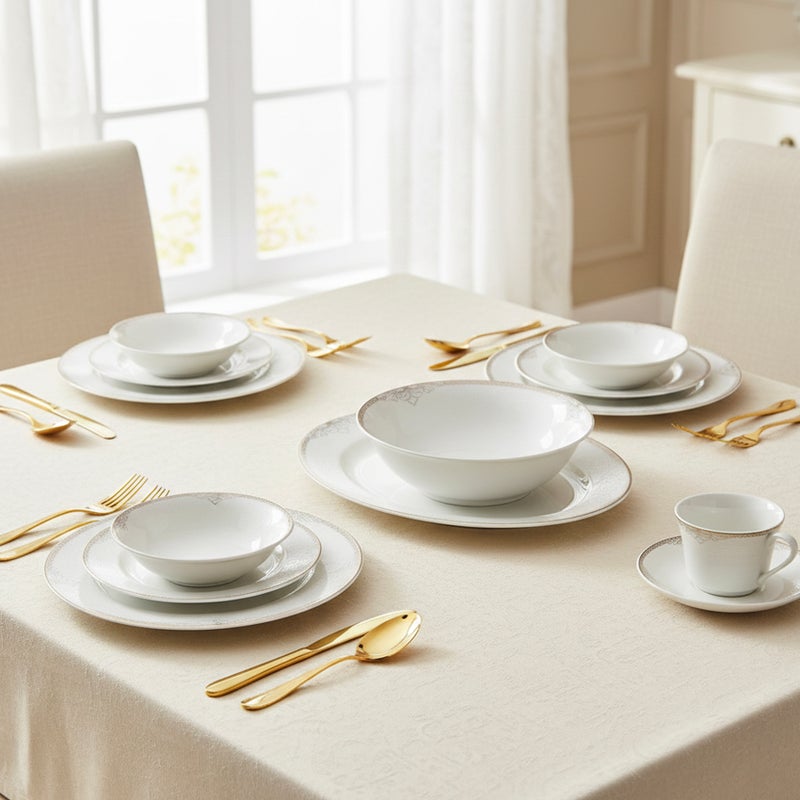 Shallow By Cuisine Art ASMA 32 Pc New Bone China Dinner Set for 6 persons – White with Elegant Gold Rim, Premium Tableware for Daily Use, Brunch, Coffee Station, Ramadan, Eid & Gifting - Image 2