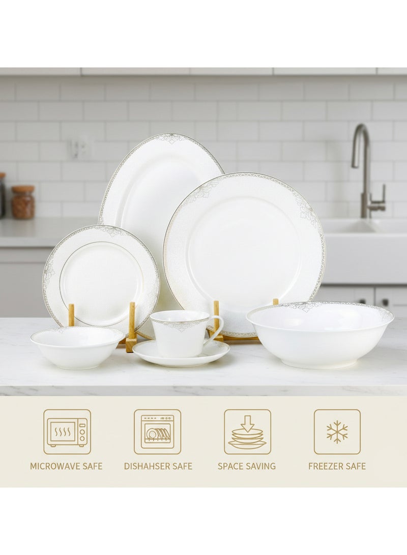 Shallow ASMA 32 Pc New Bone China Dinner Set for 6  Persons – White with Elegant Gold Rim, Premium Tableware for Daily Use, Brunch, Coffee Station, Ramadan, Eid & Gifting - Image 4