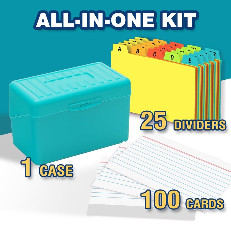 H4D 3x5 Index Card Holder with 100 Heavyweight Ruled Index Cards and 25 Plastic Dividers, Teal - Image 2