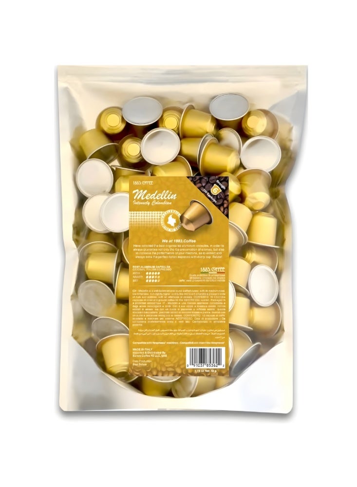 1883. coffee Medellin 100 Coffee Capsules in 100% Aluminum Recyclable to Infinity, Blend Intensity 3/5, Box with 100 Loose Capsules Compatible with Nespresso Machine, Made in Italy - Image 1