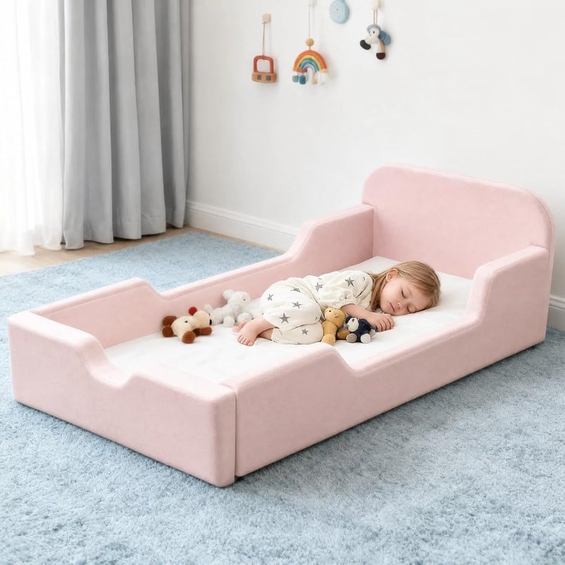 Soft Foam Toddler Bed with Medical Mattress - Baby Pink Upholstered Kids Floor Bed - Image 1