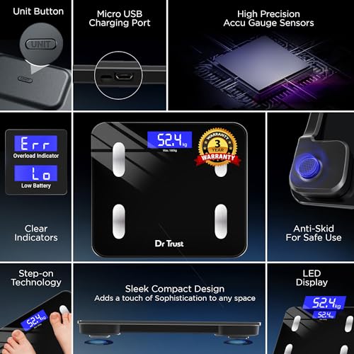 Dr Trust USA 509 Digital BMI Weight Scale with Body Fat Analyzer and Fitness Body Composition Monitor Rechargeable Electronic Weight Machine & Weighing Scale with Mobile App, Bluetooth (Black) - Image 5