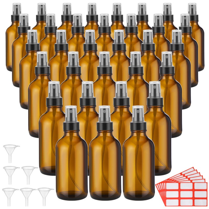 Fumete 36 Pcs Glass Spray Bottles 4oz Fine Mist Glass Spray Bottle Refillable Liquid Containers with 6 Labels 6 Funnel for Hair Travel Plants Cleaning Solutions Skin CareAmberClassic