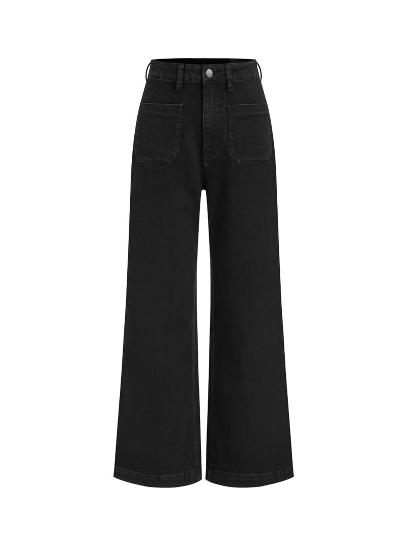 CIDER Womens Wide Leg Jeans High Waisted Stretchy Denim Flared Pants with Pockets: Black, S - Image 1