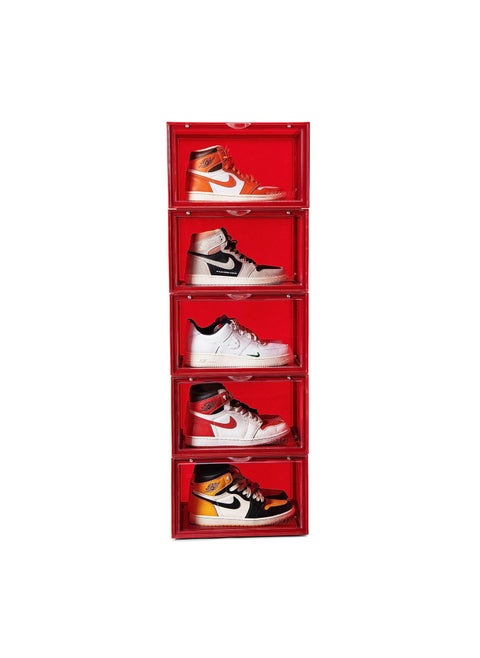 SNEAKARE Plastic Shoe Storage Organizer Set Of 5 Red HeavyDuty Sneaker Box Stackable Storage Box With Magnetic Closure Easy Installation Foldable Multipurpose Storage Box Fit Size Uk14