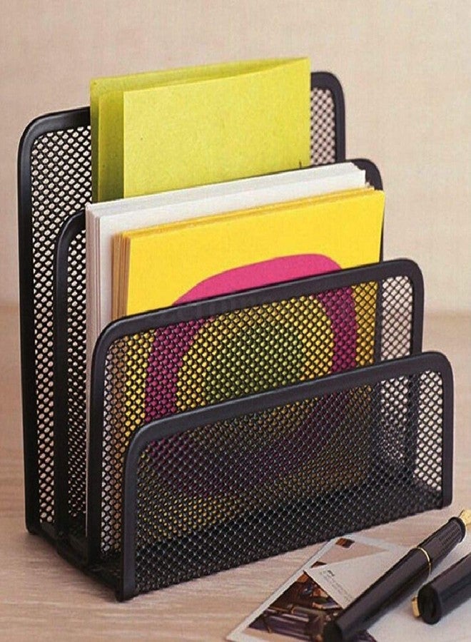 VATTU 3 Compartments Metal Office Storage Black Mesh Letter Paper File Storage Rack Holder TrDay esk Organiser (Black Color) - Image 2