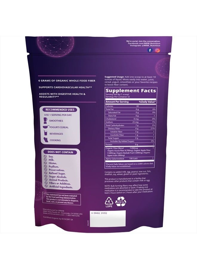 MRM Nutrition Whole Food Organic Fiber | with Enzymes + Prebiotics | Insoluble + Soluble fibers | Digestive Health + Regularity | 6g Fiber per Serving | 32 Servings - Image 2