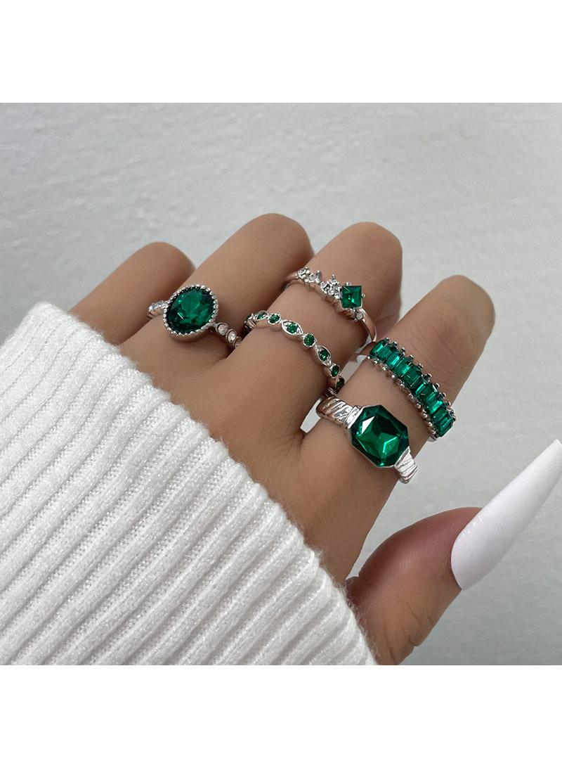 5-Pieces Ring metallic vintage gem style ring set silver/green - Image 1