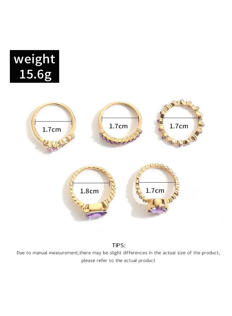 5-Pieces Ring metallic vintage gem style ring set silver/green - Image 2