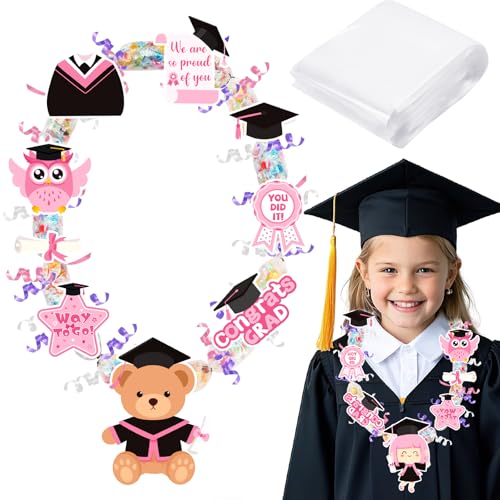 MARFOREVER 75 Pcs Preschool Graduation Candy Lei Making Kit 2025, 12 Candy Lei Tubing 60Pcs Graduation Paper Cut 3 Rolls Ribbons Congrats Grad Candy Leis Bags for Kindergarten Graduation Party Gifts - Image 1