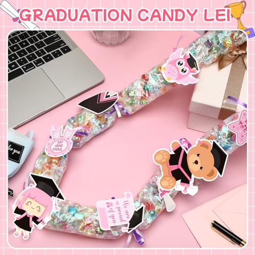MARFOREVER 75 Pcs Preschool Graduation Candy Lei Making Kit 2025, 12 Candy Lei Tubing 60Pcs Graduation Paper Cut 3 Rolls Ribbons Congrats Grad Candy Leis Bags for Kindergarten Graduation Party Gifts - Image 4