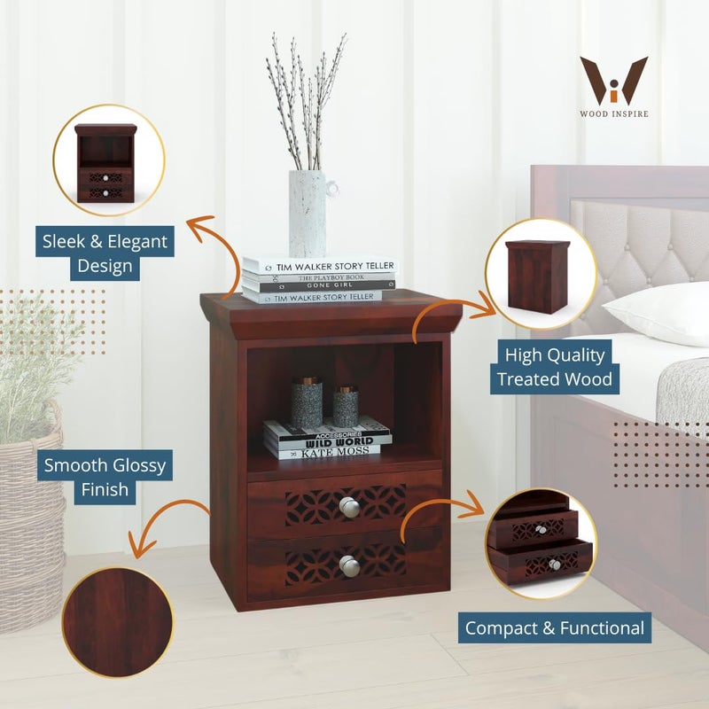 WOOD INSPIRE WOOD INSPIRE Sujo Sheesham Wood Bedside Table for Bedroom Sheesham Wooden Bed Side Nightstand with 2 Drawer Storage Shelf Bedside Table for Home Walnut Glossy Finish  - Image 3