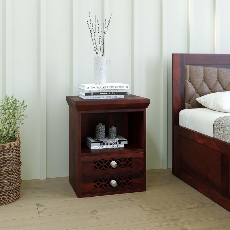 WOOD INSPIRE WOOD INSPIRE Sujo Sheesham Wood Bedside Table for Bedroom Sheesham Wooden Bed Side Nightstand with 2 Drawer Storage Shelf Bedside Table for Home Walnut Glossy Finish  - Image 1