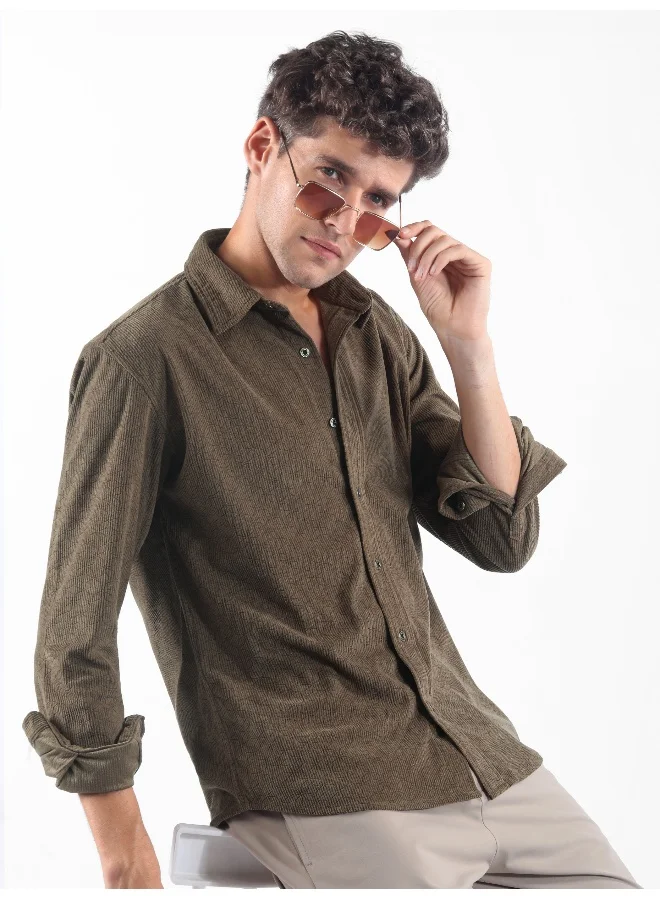 Beyoung Coffee Brown Lazer Cut Floral Textured Corduroy Shirt