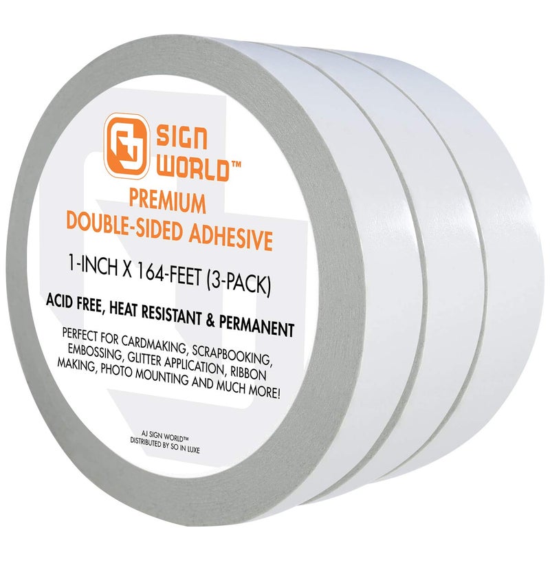 AJ Sign World Best 1" (3-Pack) Ultra-Thin Permanent Double-Sided Tape for Arts, Crafts, Photography, Scrapbooking, Tear-by-Hand, Paper Backing, Documents, All Purpose (1-Inch x 164-Feet) - Image 1