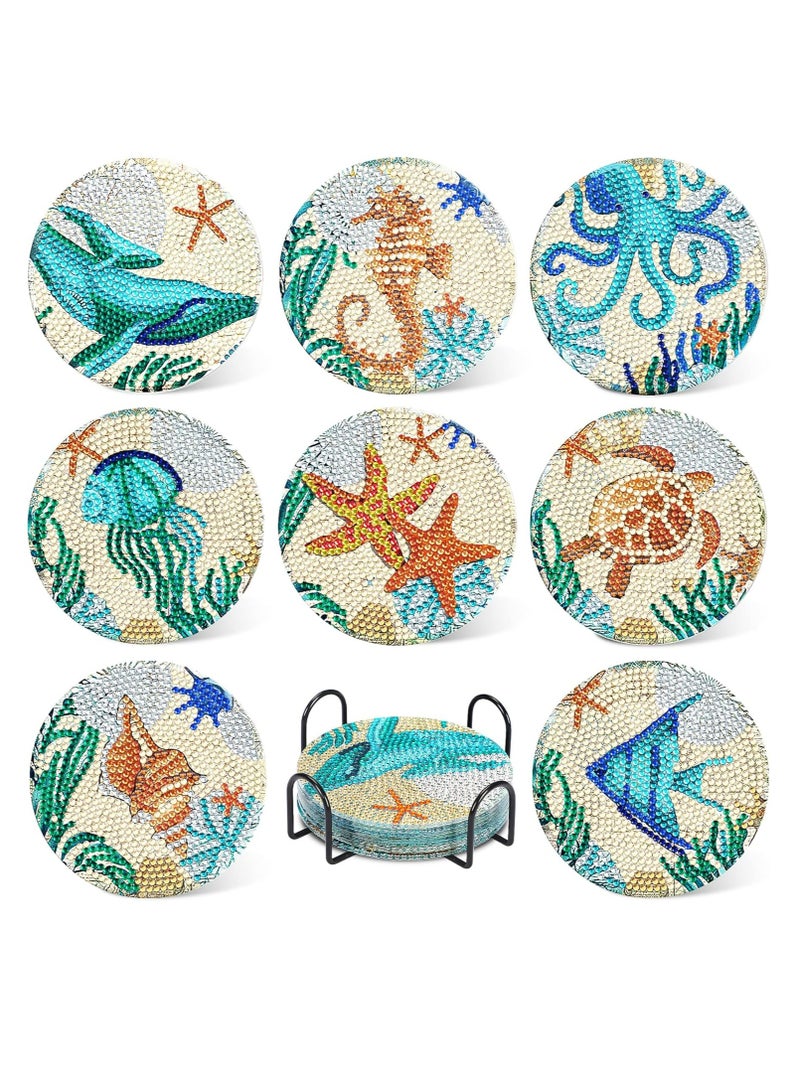 Oasisgalore 8Pcs Ocean Diamond Art Painting Coaster Kit，DIY Crafts Kit with Holder, Ideal Gift - Image 1