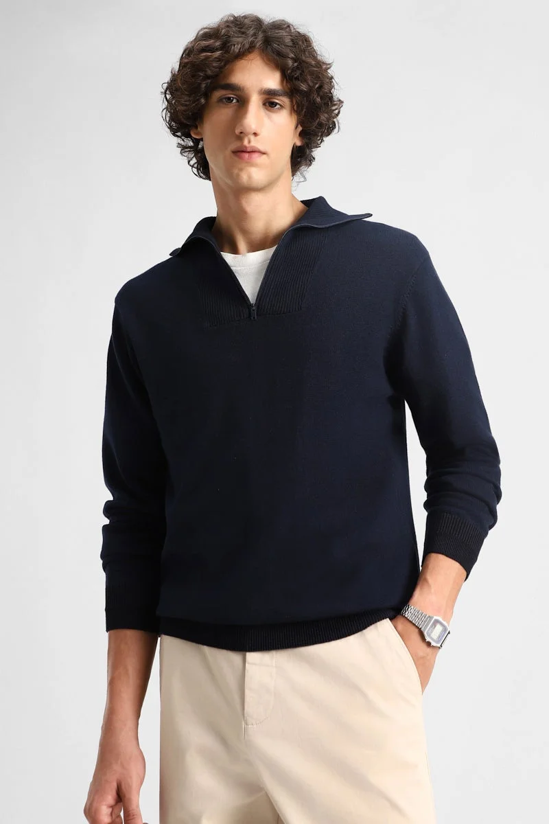 SNITCH Navy Solid Long Sleeve Regular Fit Sweater