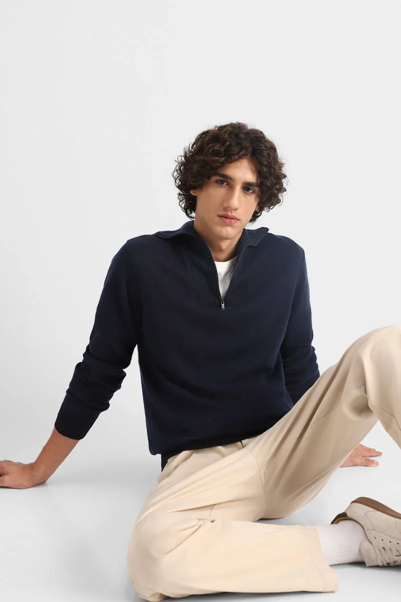 SNITCH Navy Solid Long Sleeve Regular Fit Sweater