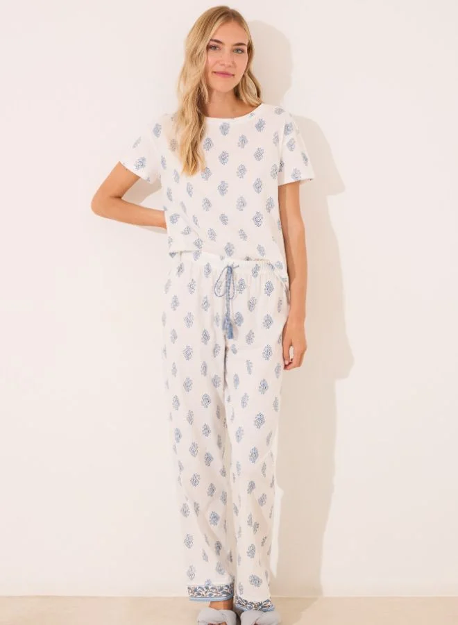 women'secret 100% Cotton White Paisley Long Pyjamas