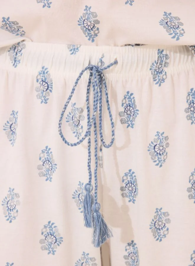 women'secret 100% Cotton White Paisley Long Pyjamas