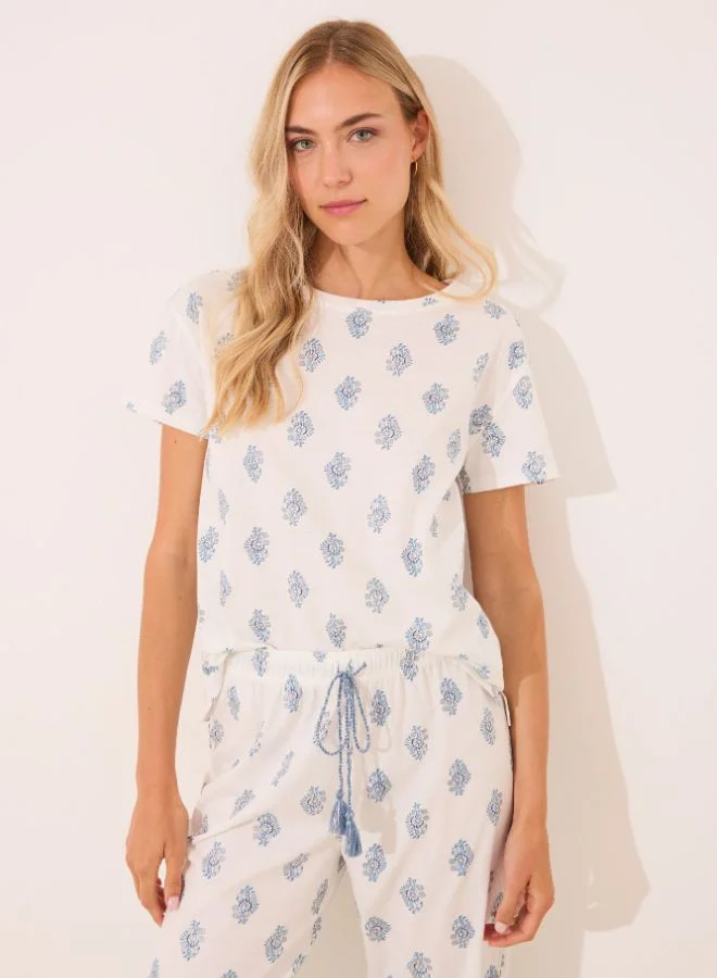 women'secret 100% Cotton White Paisley Long Pyjamas