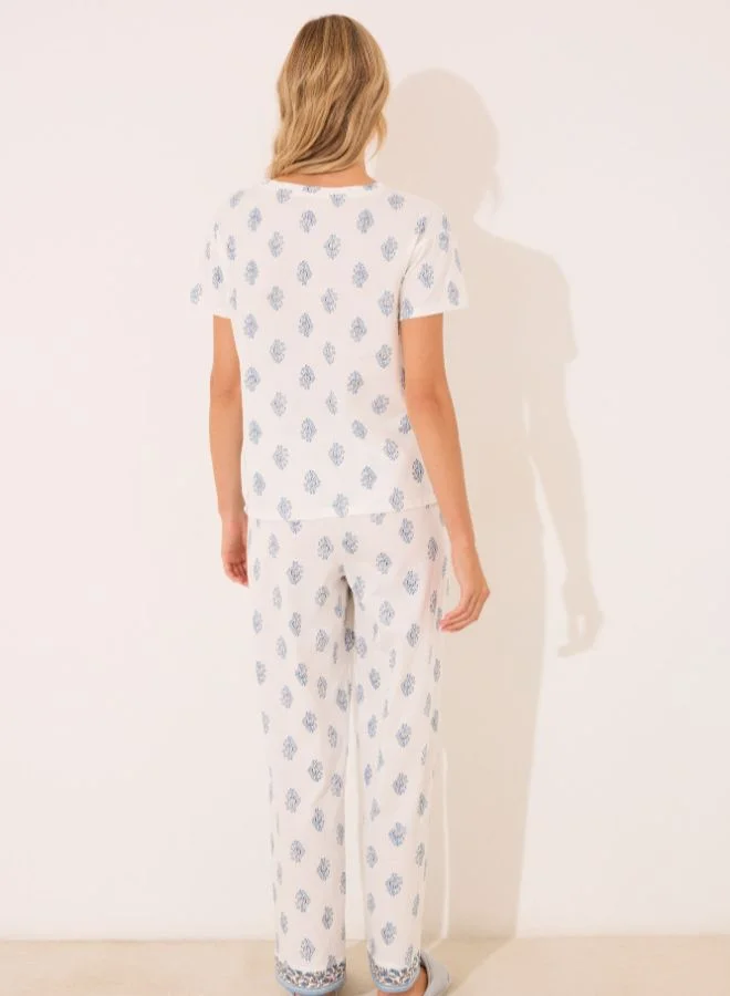 women'secret 100% Cotton White Paisley Long Pyjamas