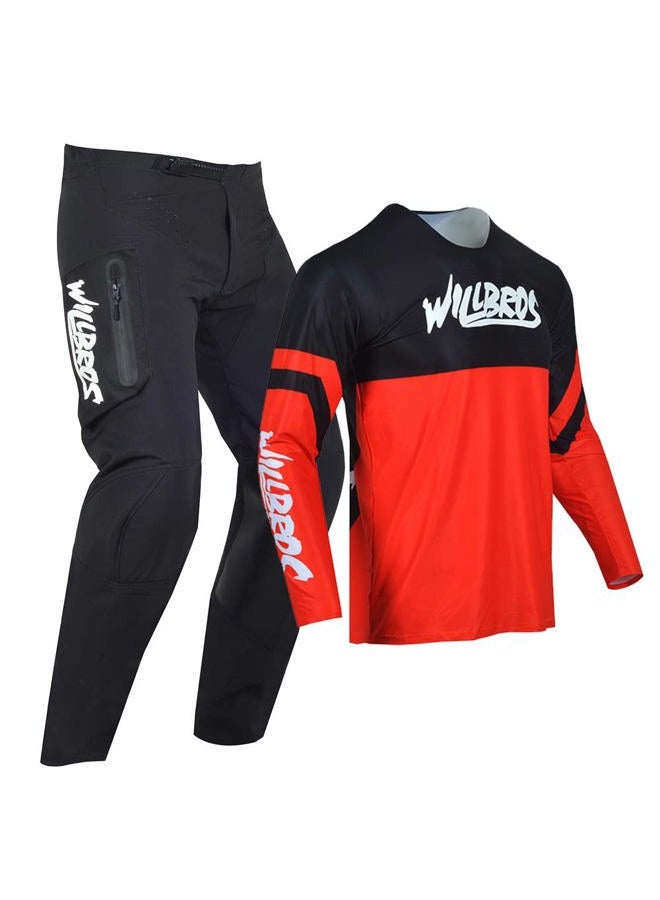 Willbros Motocross Jersey Pants Combo Mens Women Dirt Bike MX Gear Set Offroad with Zipper Pockets Racewear Adult, Black Red, Jersey S/Pants 30 - Image 2