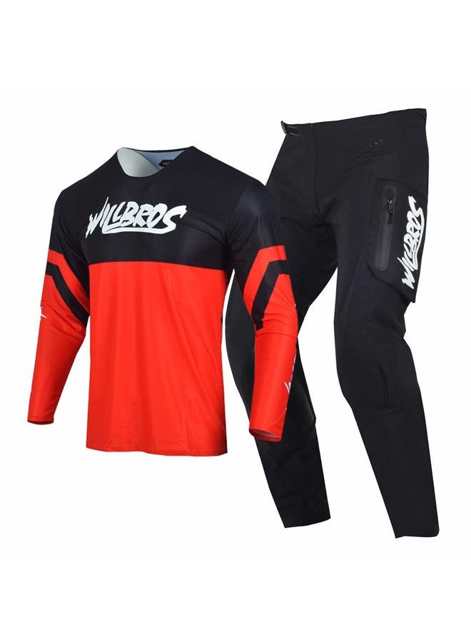 Willbros Motocross Jersey Pants Combo Mens Women Dirt Bike MX Gear Set Offroad with Zipper Pockets Racewear Adult, Black Red, Jersey S/Pants 30 - Image 1