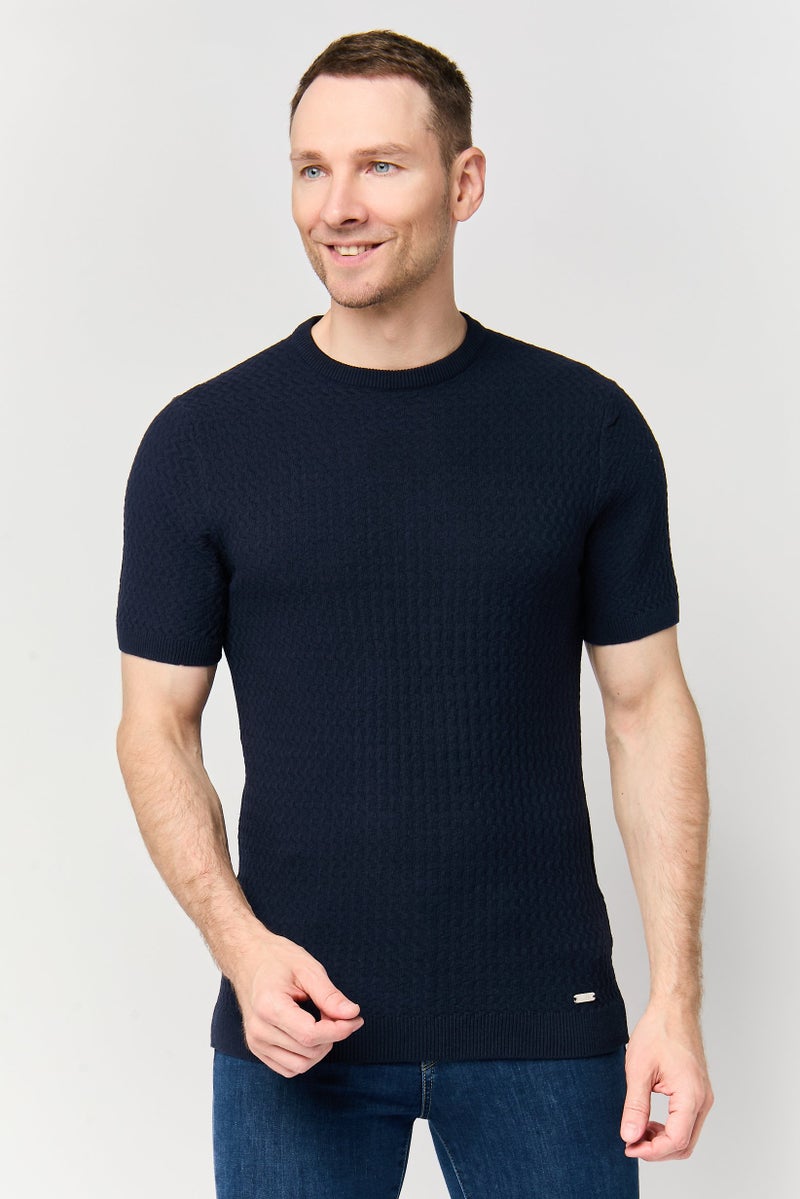 Threadbare Men Crew Neck Short Sleeve Textured T-Shirt, Navy - Image 1
