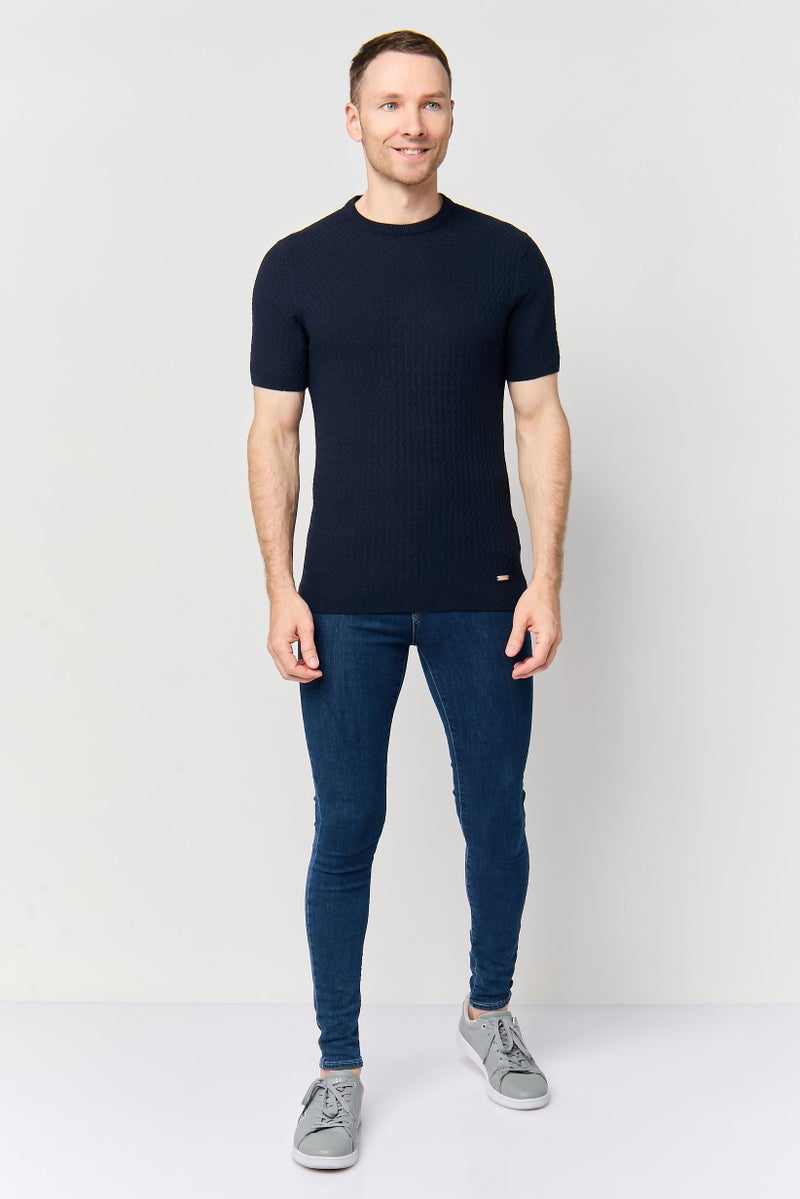 Threadbare Men Crew Neck Short Sleeve Textured T-Shirt, Navy - Image 2
