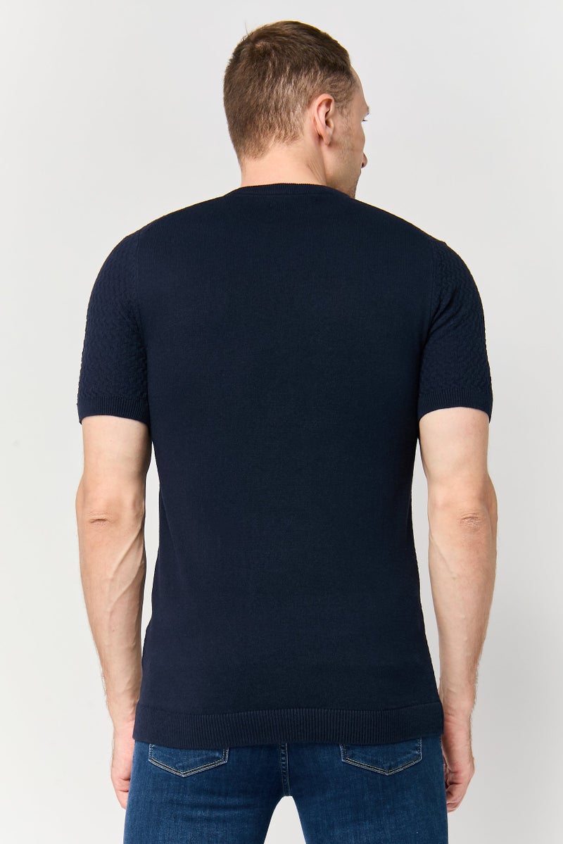 Threadbare Men Crew Neck Short Sleeve Textured T-Shirt, Navy - Image 4