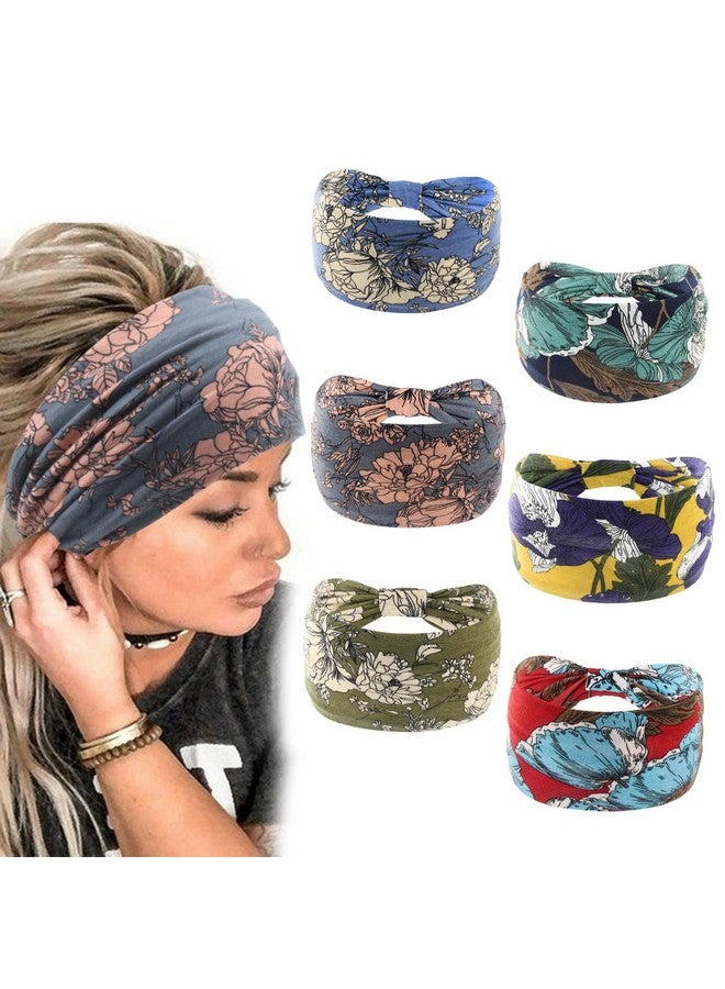 Yeshan Boho Bandeau Headbands For Women Wide Bandana Knot Hair Scarf Floral Printed African Hair Bands Elastic Turban Thick Head Wraps Stretch Cotton Head Bands,Pack Of 6 - Image 1