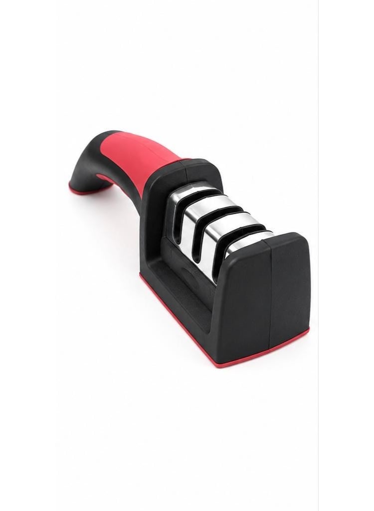3-stage knife sharpener, black and red, with a comfortable handle, suitable for kitchen and fruit knives - Image 1