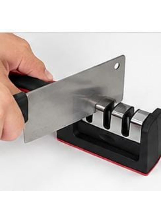 3-stage knife sharpener, black and red, with a comfortable handle, suitable for kitchen and fruit knives - Image 3