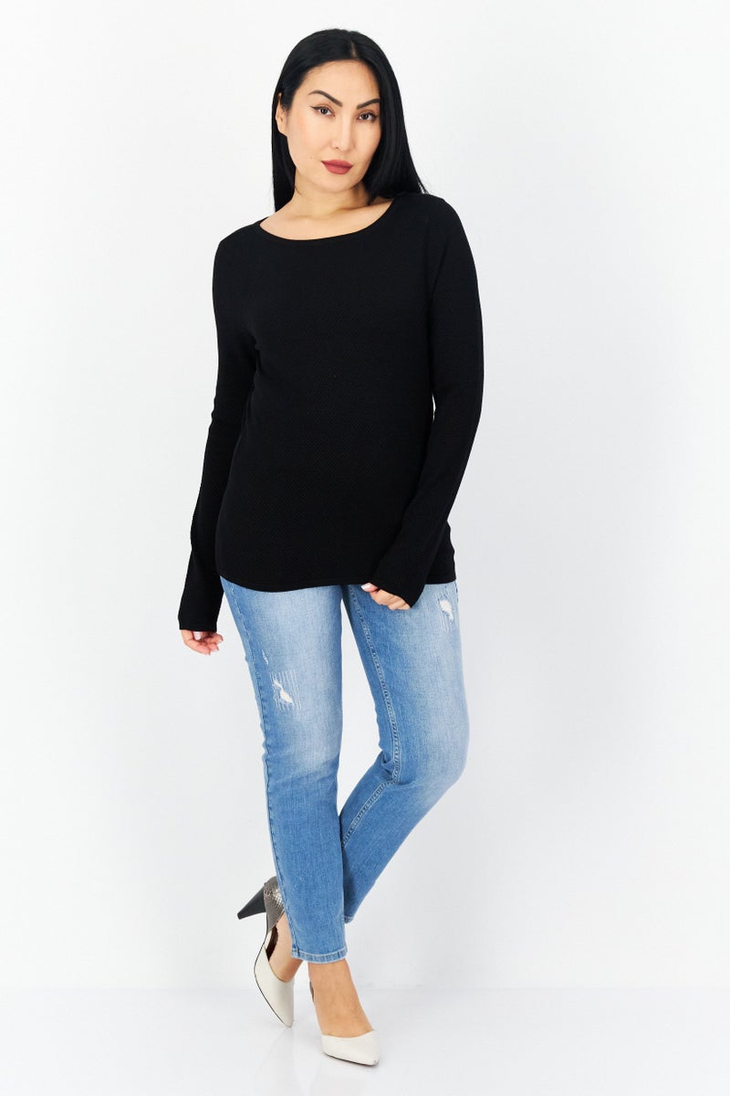 Zero Women Round Neck Long Sleeve Textured Blouse, Black - Image 3