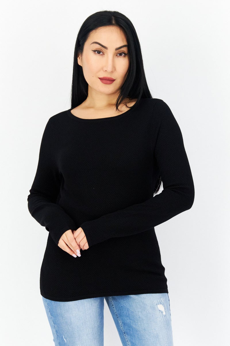Zero Women Round Neck Long Sleeve Textured Blouse, Black - Image 1