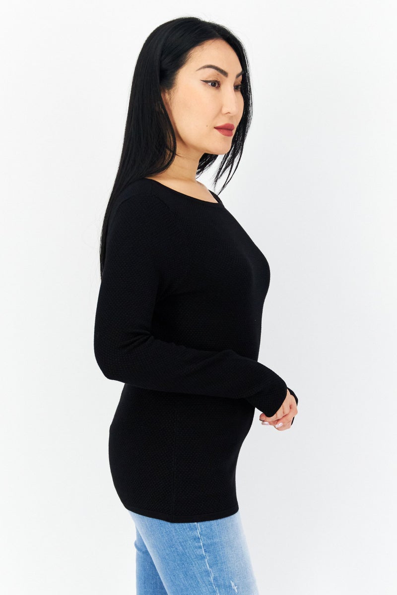 Zero Women Round Neck Long Sleeve Textured Blouse, Black - Image 4