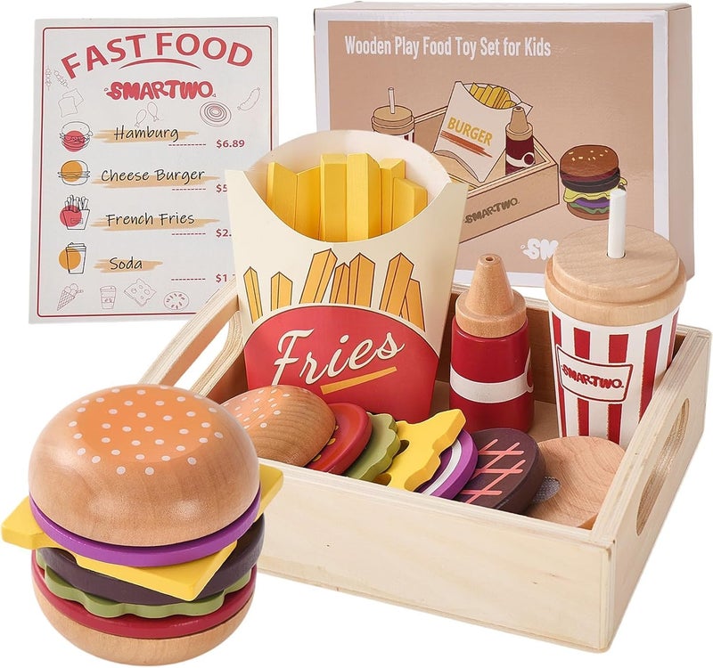 Smartwo Children's Kitchen Accessories Wood, Play Kitchen Hamburger Wooden Toy, Kitchen Accessories Food Toy Fast Food Set, Kitchen Toy Food for Role Play, Gift from 3 Years - Image 1
